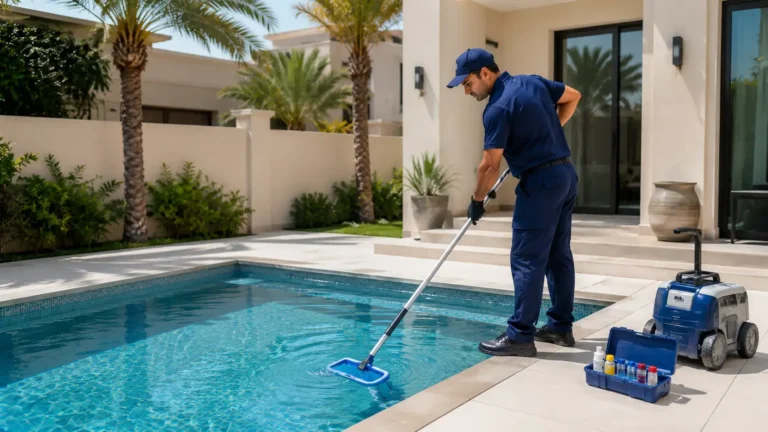 Professional technician cleaning a small residential swimming pool at a modern Dubai villa with pool maintenance equipment nearby.
