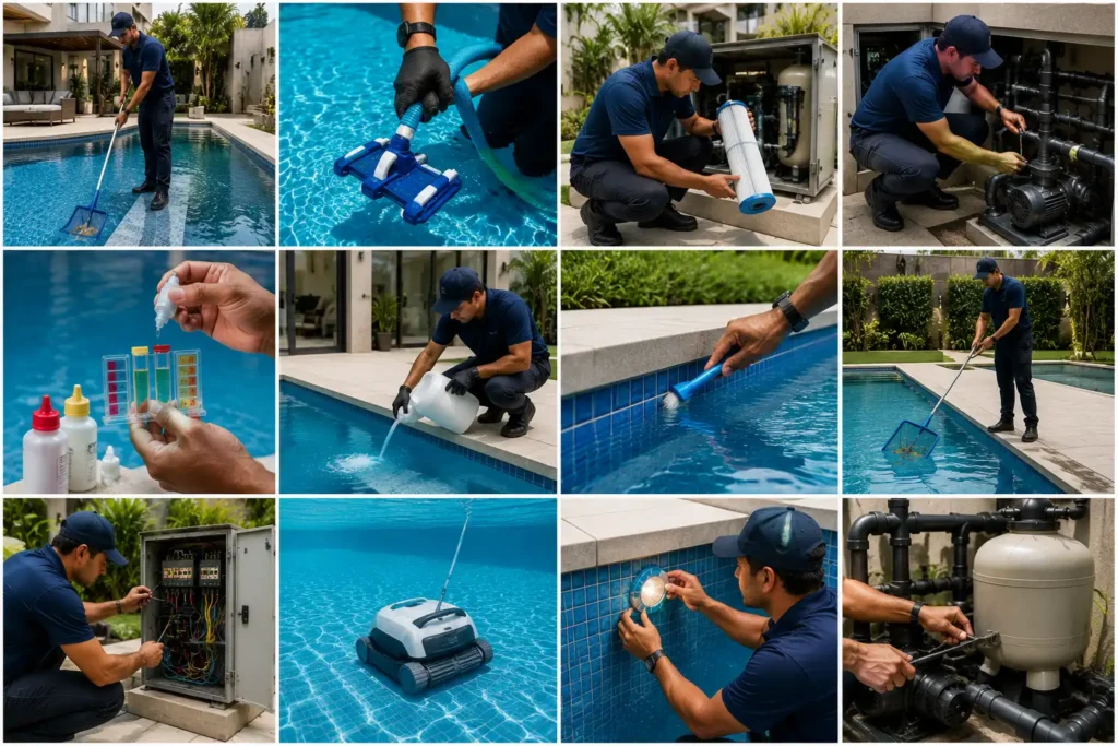 Collage showing professional swimming pool maintenance, including pool cleaning, vacuuming, water testing, chemical treatment, tile brushing, filter servicing, and equipment repair.