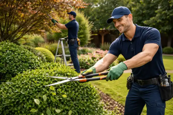 Professional hedge trimming and tree pruning services in Dubai with gardener cutting bushes in landscaped garden