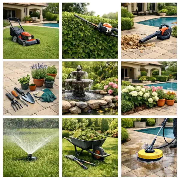 Villa garden maintenance services in Dubai showing lawn mowing, hedge trimming, irrigation, landscaping tools, and outdoor cleaning