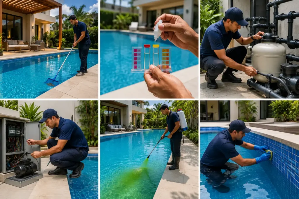 Collage showing professional villa swimming pool maintenance services in Dubai including pool cleaning, chemical testing, filter servicing, equipment inspection, algae treatment, and tile cleaning.