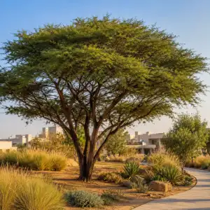 Acacia tree in desert landscape with drought-tolerant plants, natural rocks, and paved walkway for landscaping services