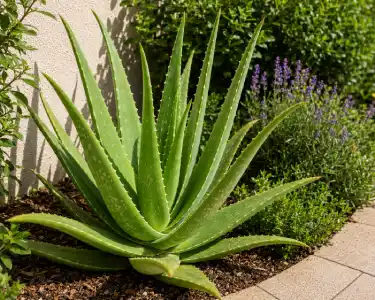 Aloe vera plant in a landscaped garden bed beside a pathway for professional landscaping services