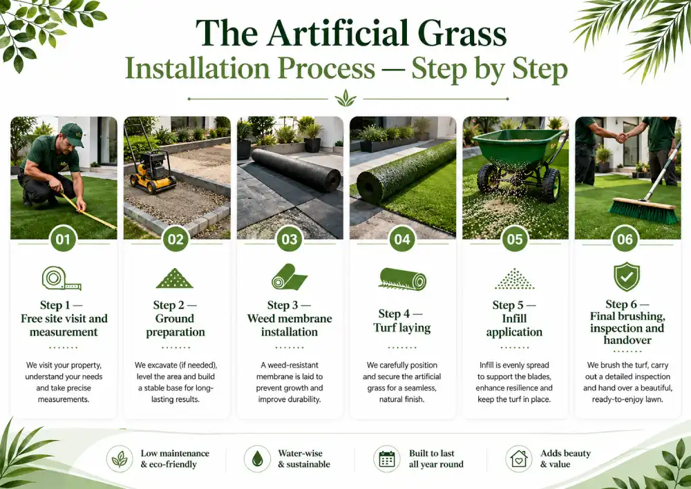 Artificial grass installation process showing site measurement, ground preparation, weed membrane, turf laying, infill application, final brushing and inspection.