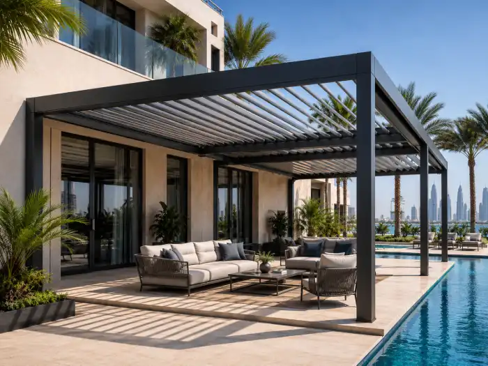 Bioclimatic pergola with adjustable louvered roof over a luxury Dubai villa poolside patio.