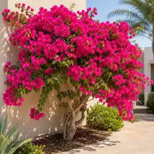 Bougainvillea flowering shrub with bright pink blooms beside a villa wall for professional landscaping services