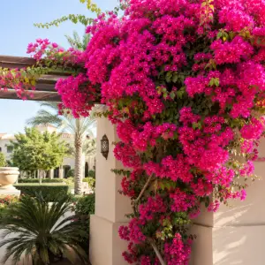 Bougainvillea flowers growing on a villa pergola for luxury garden landscaping services