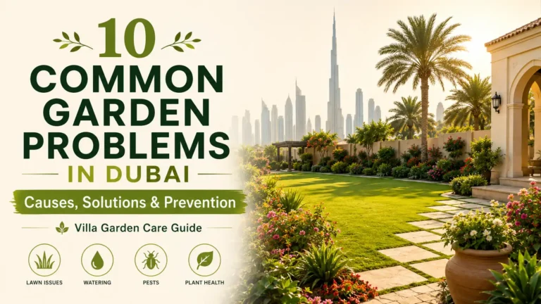 Common garden problems in Dubai guide showing villa landscaping, lawn care, watering issues, pests, and plant health solutions