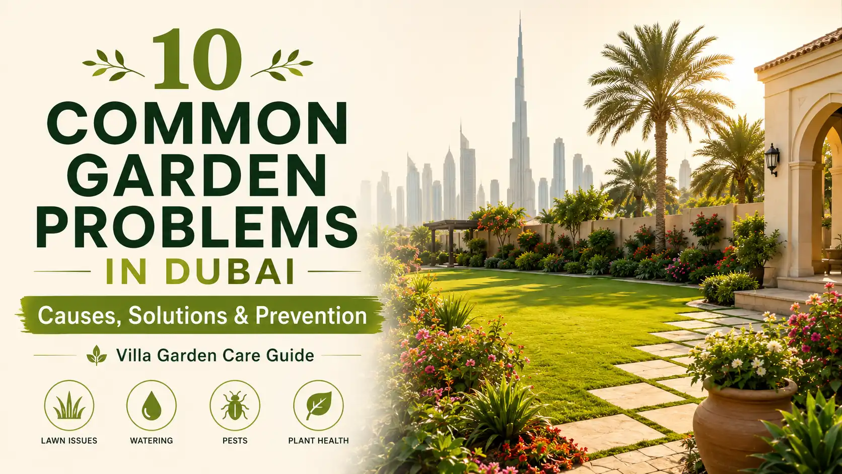 Common garden problems in Dubai guide showing villa landscaping, lawn care, watering issues, pests, and plant health solutions