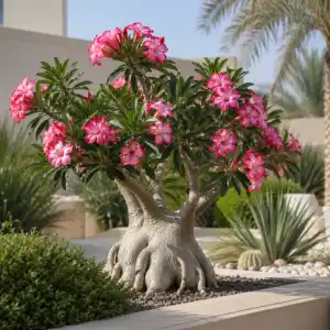 Desert rose plant with pink flowers in a modern villa garden for professional landscaping services