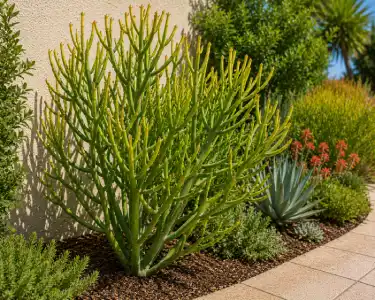Euphorbia plant in a desert-style garden bed beside a pathway for professional landscaping services