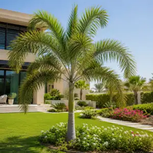 Foxtail palm tree in luxury villa garden with green lawn, flowering plants, and modern landscape design