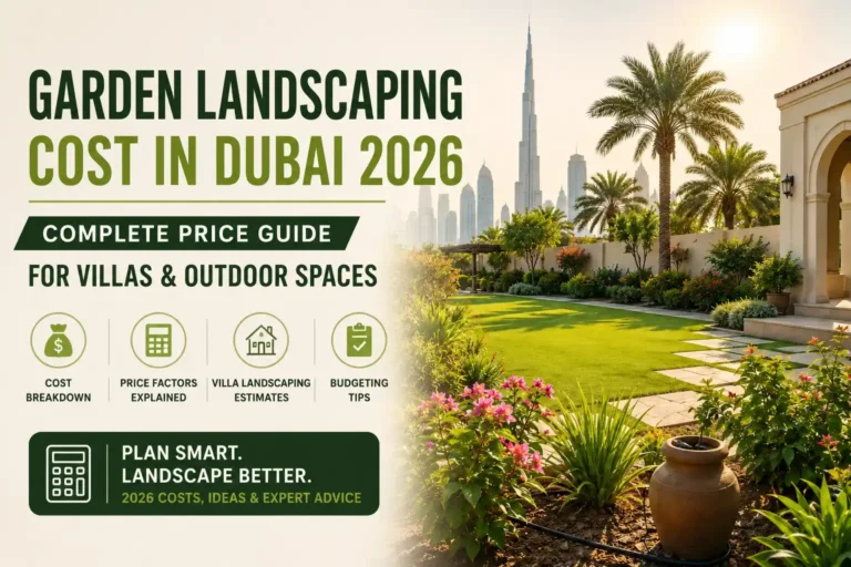 Garden landscaping cost in Dubai 2026 price guide for villas and outdoor spaces with landscaped villa garden and city skyline