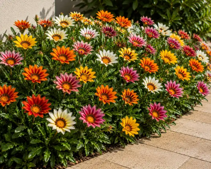 Gazania flowers with mixed orange, yellow, white, and pink blooms along a garden pathway for professional landscaping services