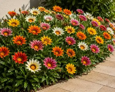 Gazania flowers with mixed orange, yellow, white, and pink blooms along a garden pathway for professional landscaping services