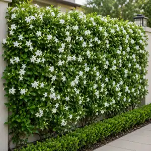 Jasmine flowering hedge with white blooms along a garden wall for professional landscaping services