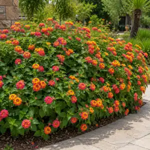 Lantana flowering shrubs with orange and pink blooms along a garden pathway for professional landscaping services
