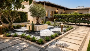 Green wall installation in a Dubai villa garden with modern landscaping, flowers, white pebbles, cactus plants, stone pathway, and luxury outdoor yard design.