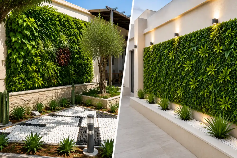 natural living wall vs artificial plant wall dubai