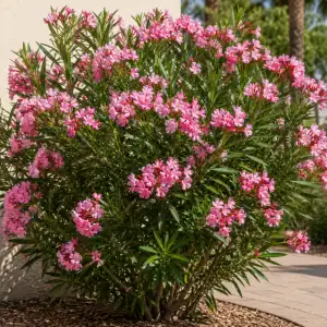 Pink oleander flowering shrub in a landscaped garden for professional outdoor landscaping services