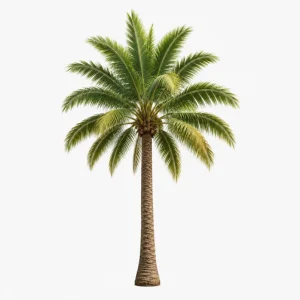 Realistic tropical palm tree with green fronds and textured trunk isolated on white background for landscape, garden, and beach-themed design.
