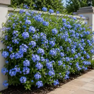 Plumbago flowering hedge with blue blooms along a garden wall for professional landscaping services