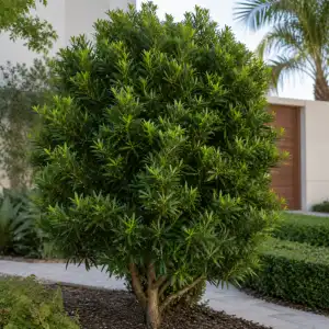 Podocarpus shrub in a modern villa garden for privacy screening and professional landscaping services