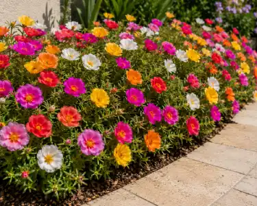 Portulaca flowering ground cover with colourful blooms along a garden pathway for professional landscaping services