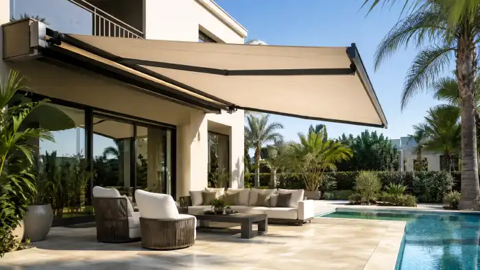 Retractable fabric sunshade awning system over a luxury villa patio with outdoor seating and poolside shade.