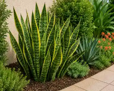 Snake plant with upright variegated green and yellow leaves in a landscaped garden bed for professional landscaping services