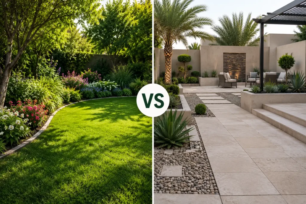 Soft landscaping vs hard landscaping comparison showing a green garden lawn and modern paved outdoor patio design