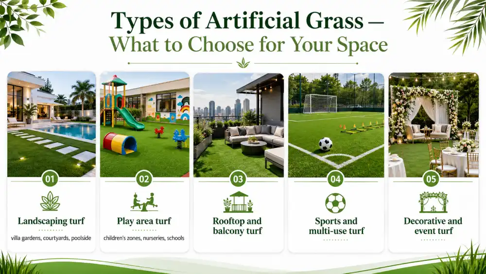 Types of artificial grass for villas, play areas, rooftops, sports spaces, and event landscaping in Dubai