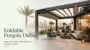 Foldable pergola in Dubai featuring an adjustable louvered roof, modern outdoor seating, and a luxury villa terrace.