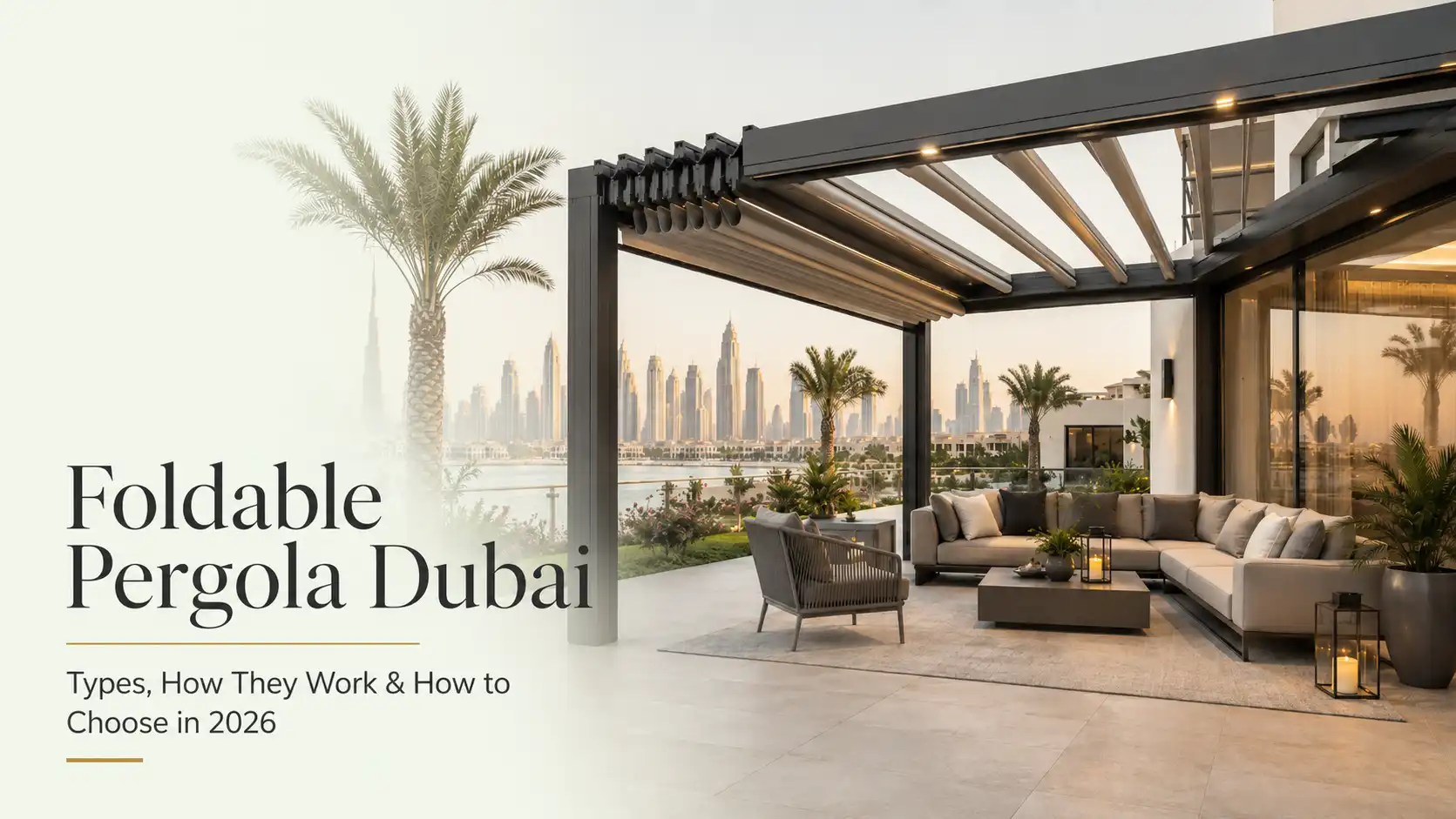 Foldable pergola in Dubai featuring an adjustable louvered roof, modern outdoor seating, and a luxury villa terrace.
