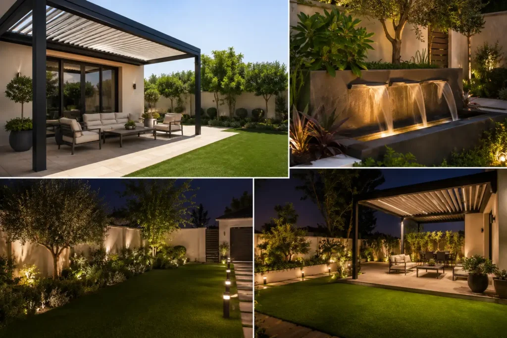 Modern villa garden renovation featuring a foldable louvered pergola, illuminated water feature, premium artificial turf, and landscape lighting for year-round outdoor use.