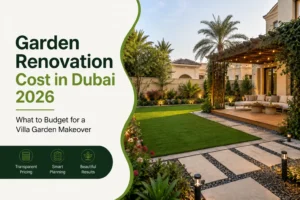 Garden renovation cost in Dubai 2026 featuring a landscaped villa garden with lawn, pergola, pathway, plants, and outdoor lighting.