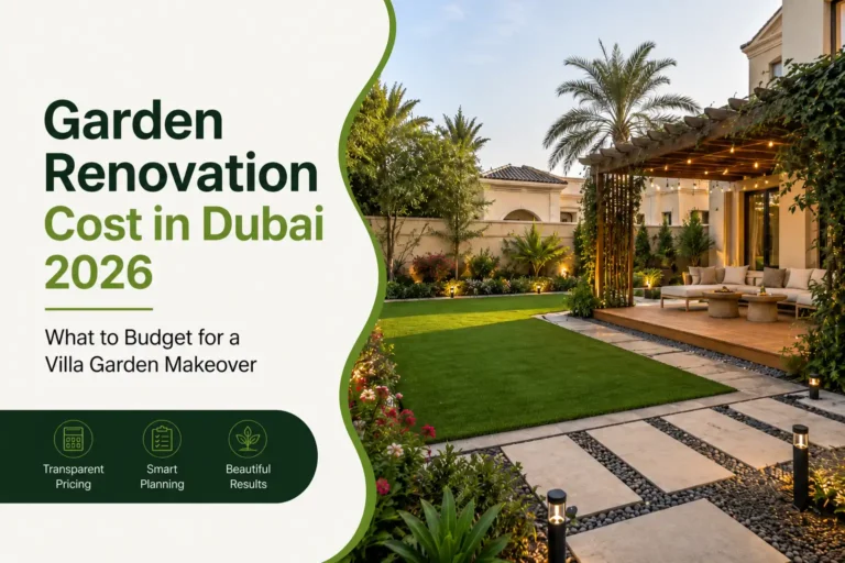 Garden renovation cost in Dubai 2026 featuring a landscaped villa garden with lawn, pergola, pathway, plants, and outdoor lighting.