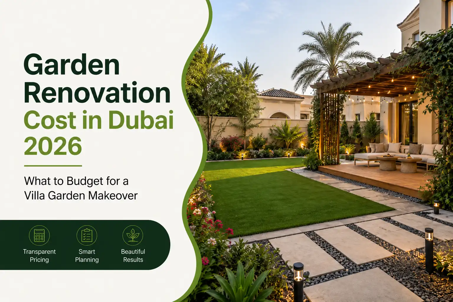 Garden renovation cost in Dubai 2026 featuring a landscaped villa garden with lawn, pergola, pathway, plants, and outdoor lighting.
