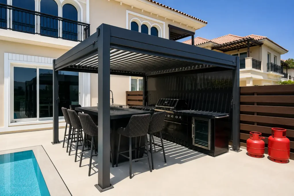 Custom black pergola with outdoor kitchen and bar beside a swimming pool at a luxury Dubai villa.