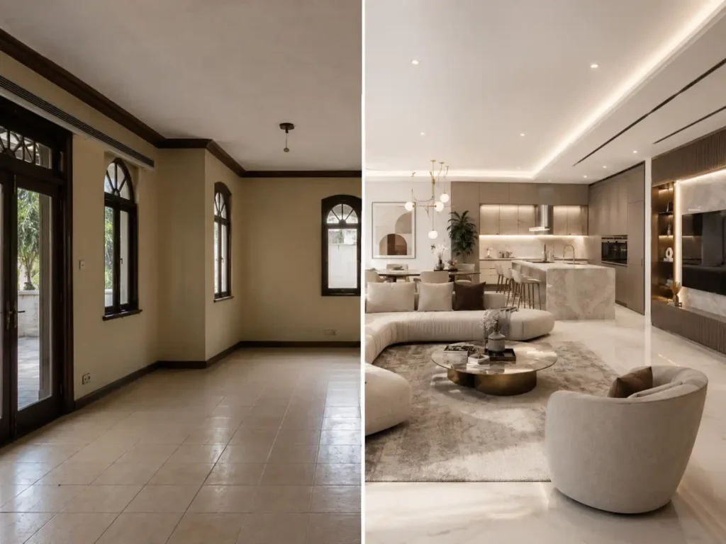 Before-and-after villa renovation showing an outdated empty interior transformed into a modern luxury living room and kitchen.