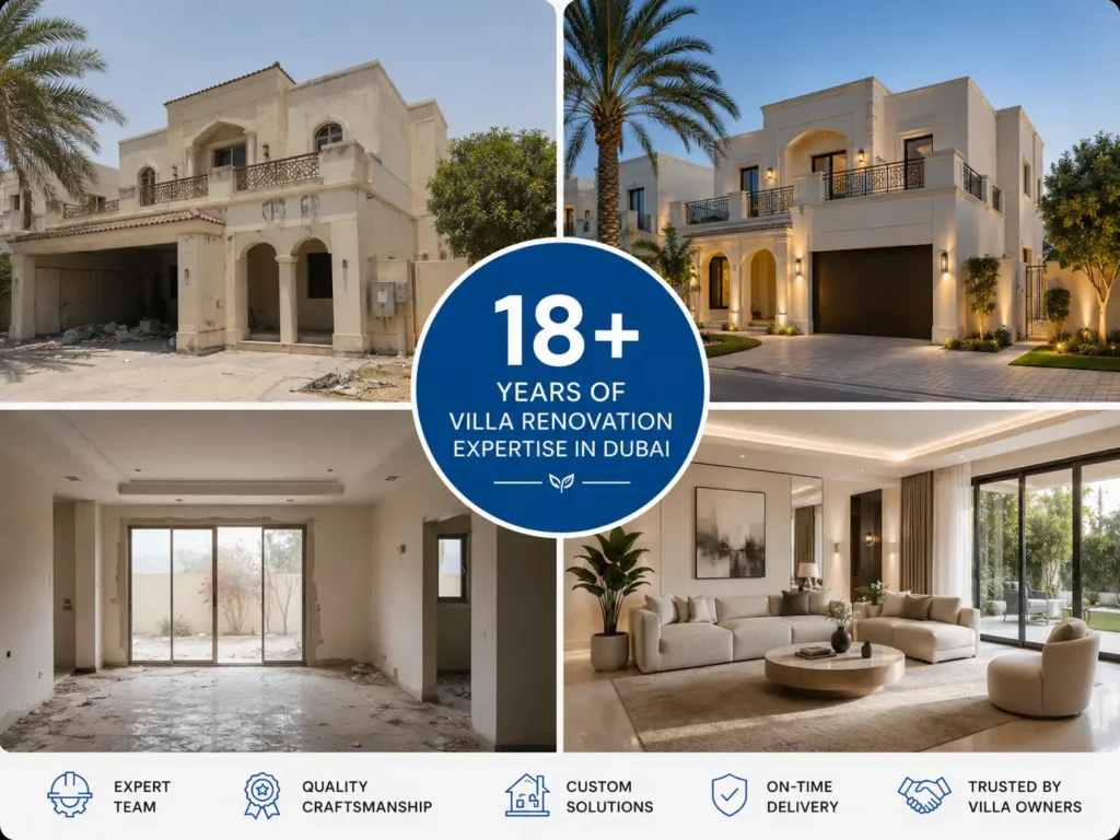 Before-and-after villa renovation in Dubai showing an outdated villa transformed into a modern home with a luxury renovated living room.