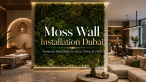 Luxury preserved moss wall installation in Dubai for spas, offices and villas with a modern interior design.