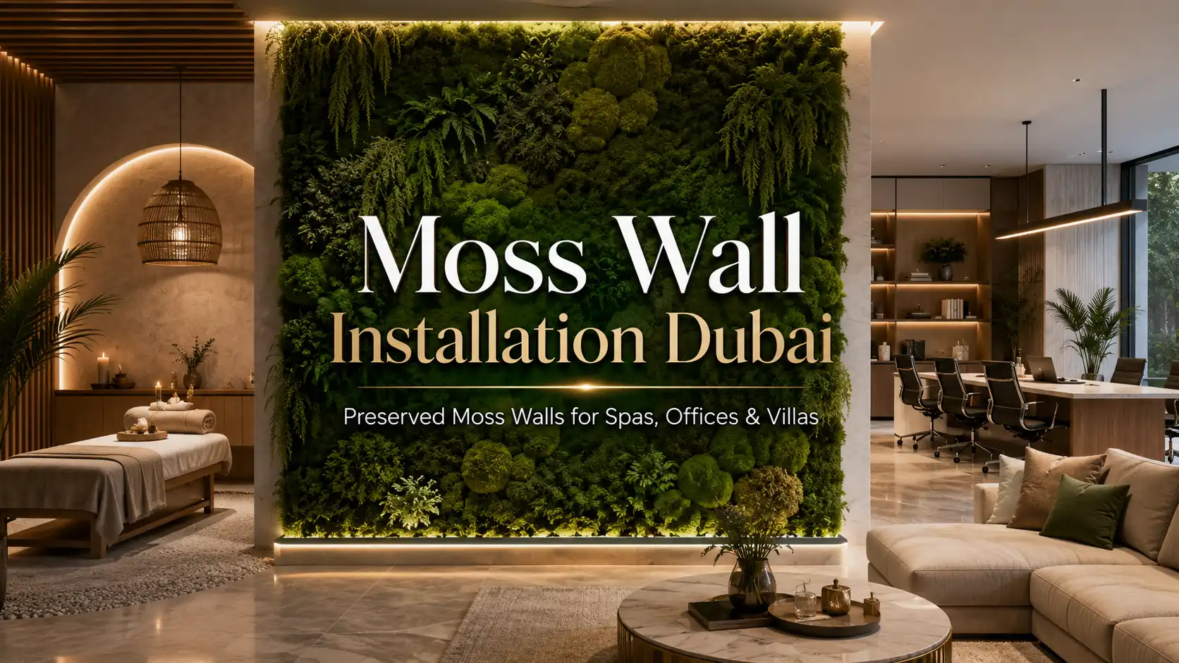 Luxury preserved moss wall installation in Dubai for spas, offices and villas with a modern interior design.