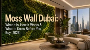 Luxury preserved moss wall in a modern Dubai interior with Burj Khalifa view, showcasing decorative moss wall design for homes and commercial spaces.