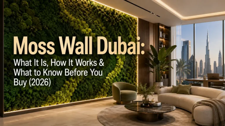 Luxury preserved moss wall in a modern Dubai interior with Burj Khalifa view, showcasing decorative moss wall design for homes and commercial spaces.