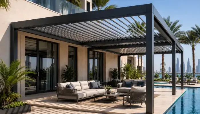 Bioclimatic pergola with adjustable louvered roof over a luxury Dubai villa poolside patio.