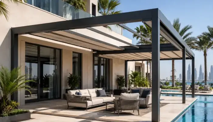 Modern fixed pergola with retractable roof panels over a luxury villa poolside patio in Dubai.